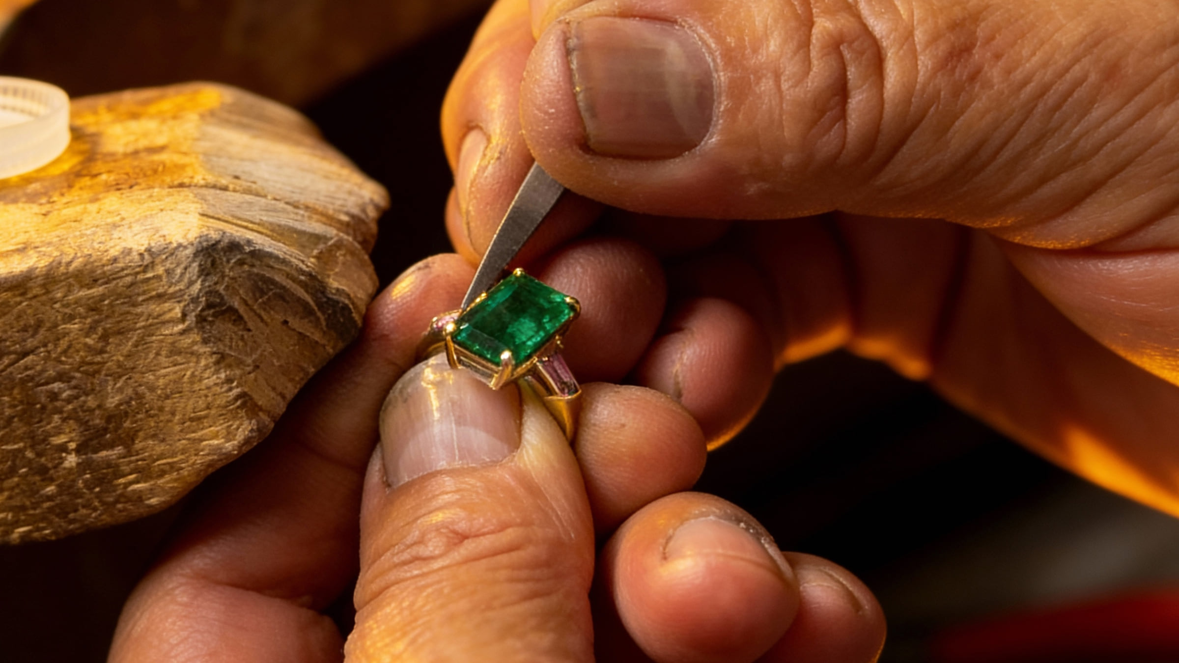 A New York jeweller setting a gemstone by hand at the bench