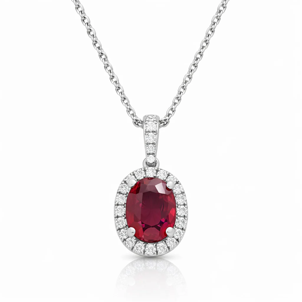 Origins 2ct Ruby & Diamond Halo Pendant Necklace in 18k White Gold, front view