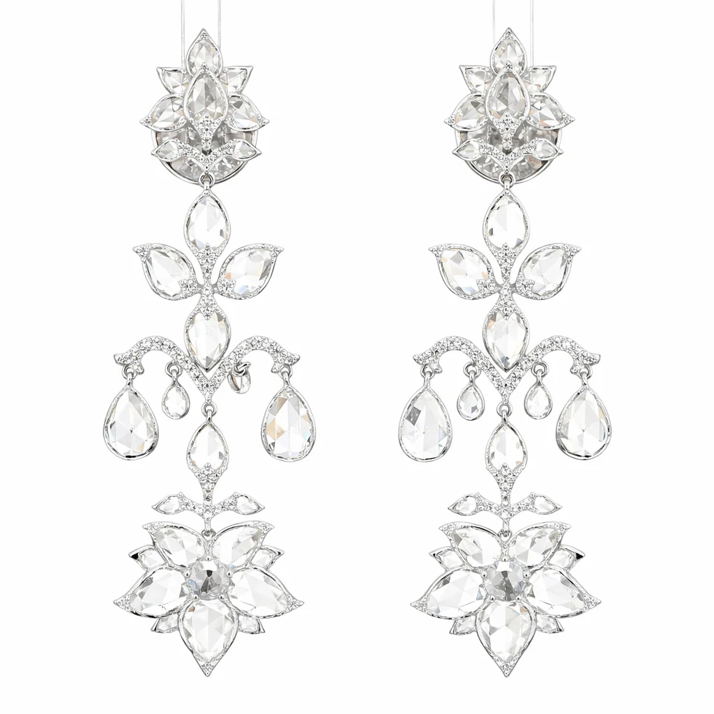 Rose-Cut Diamond Chandelier Earrings, front view