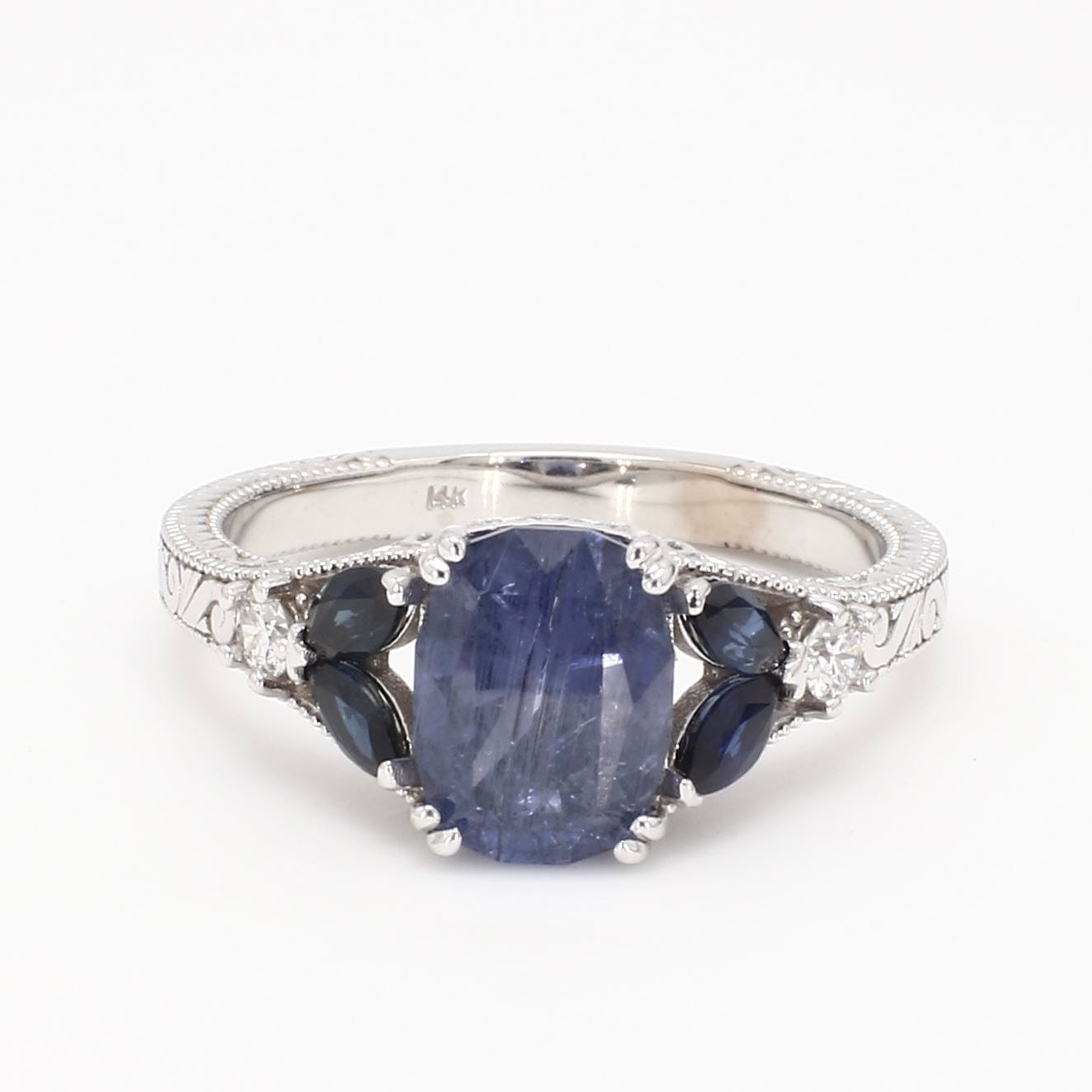 Briyanna Vintage Inspired Sapphire and Diamond Engagement Ring, front view