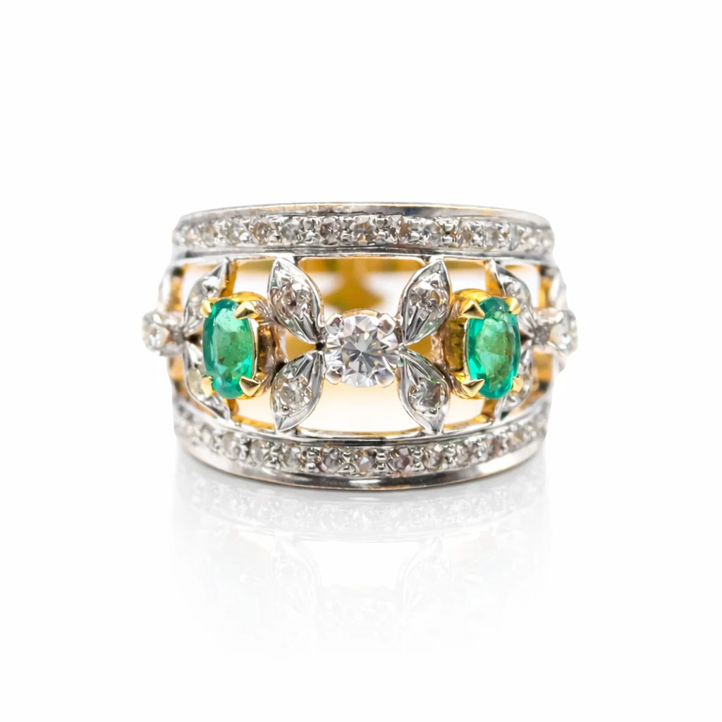 Blossom Marquise Diamond and Emerald Ring, front view