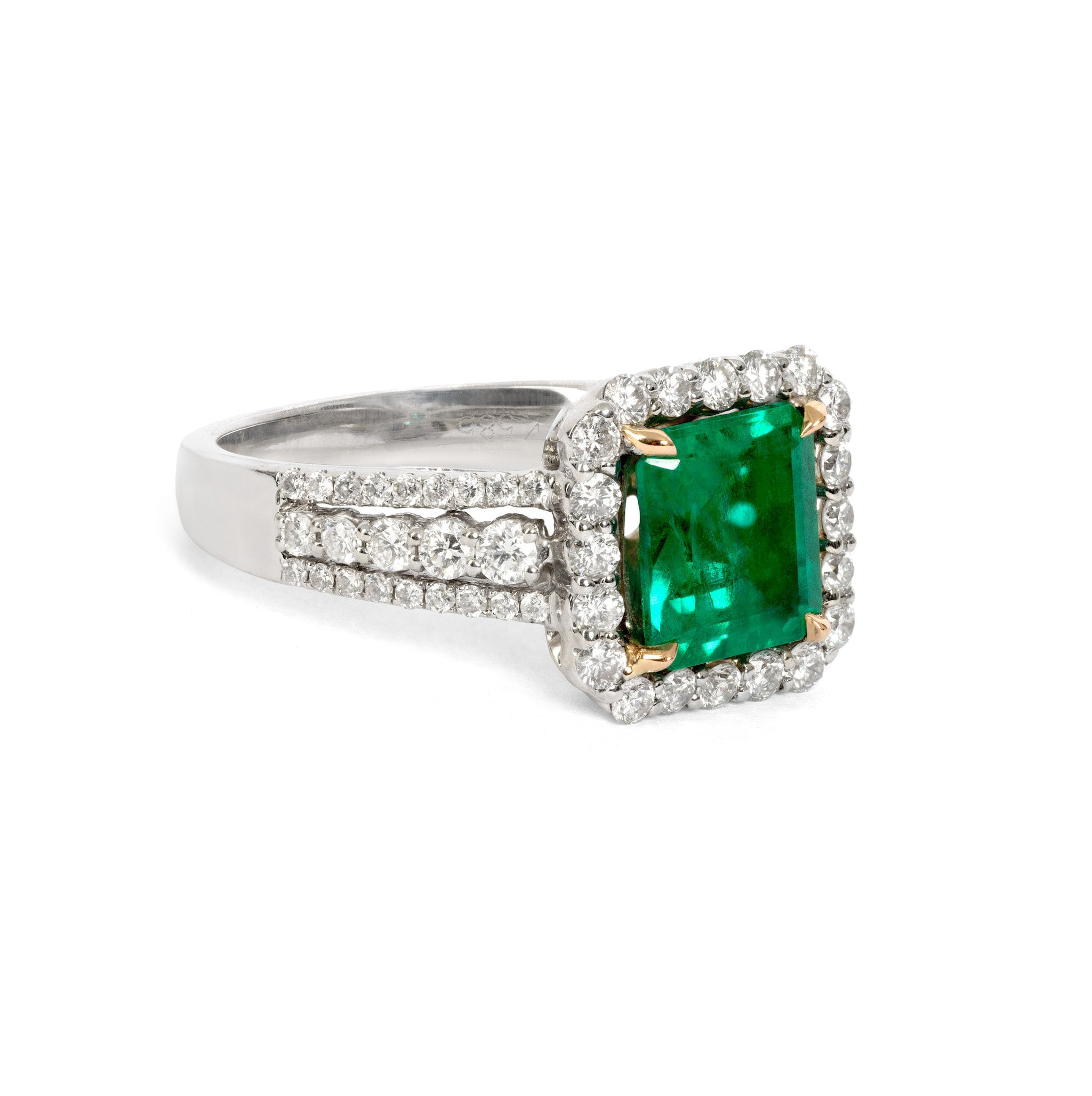 Emerald Cut Diamond Ring with Pavé Halo in 14k White Gold, front view