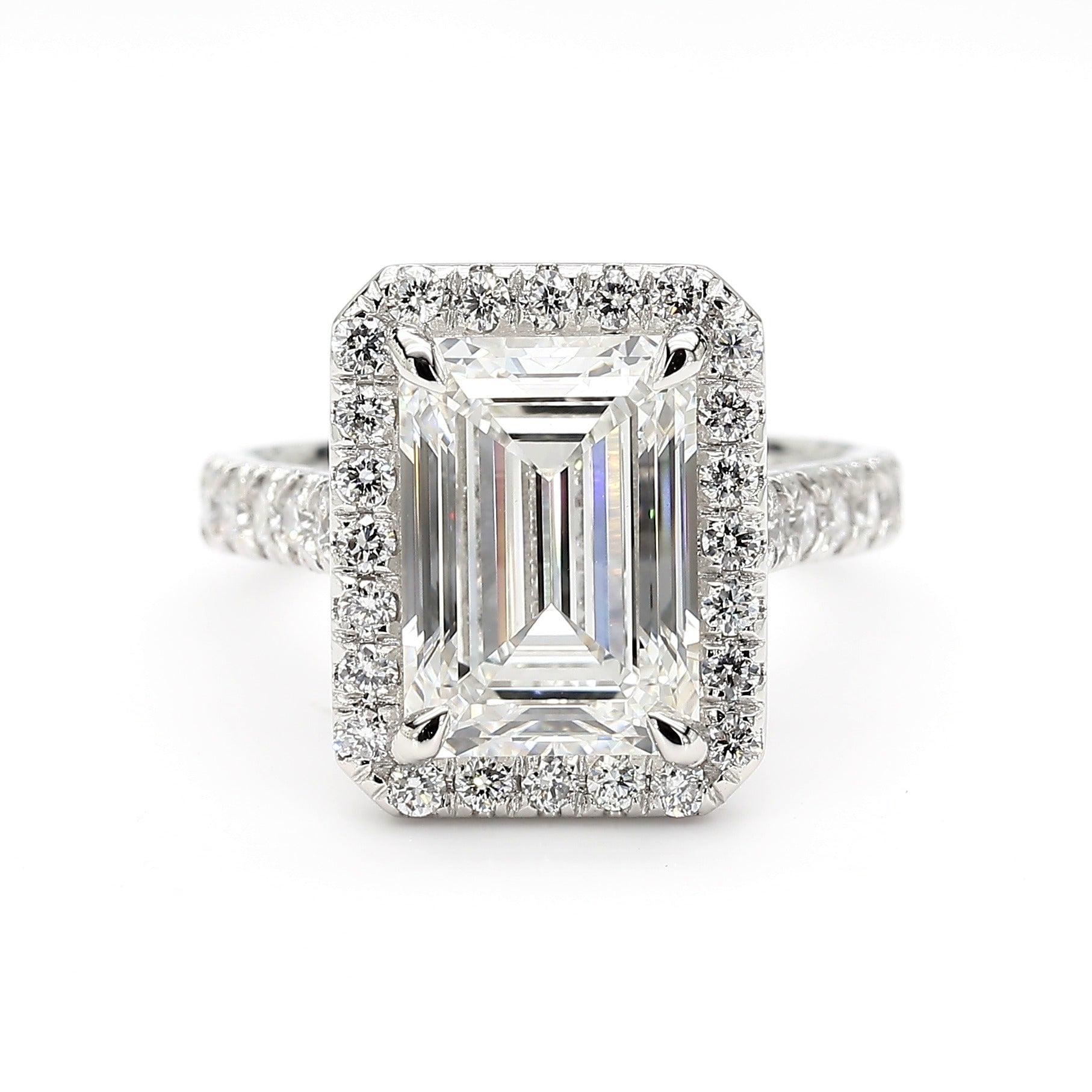 Emerald Cut Hidden Halo Diamond Engagement Ring in Platinum, front view