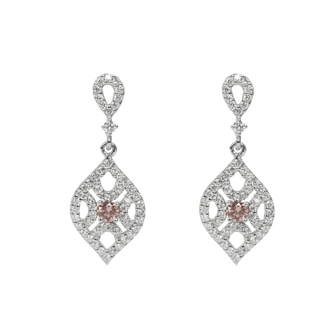Fancy Pink Diamond Drop Earrings in 18k White Gold, front view