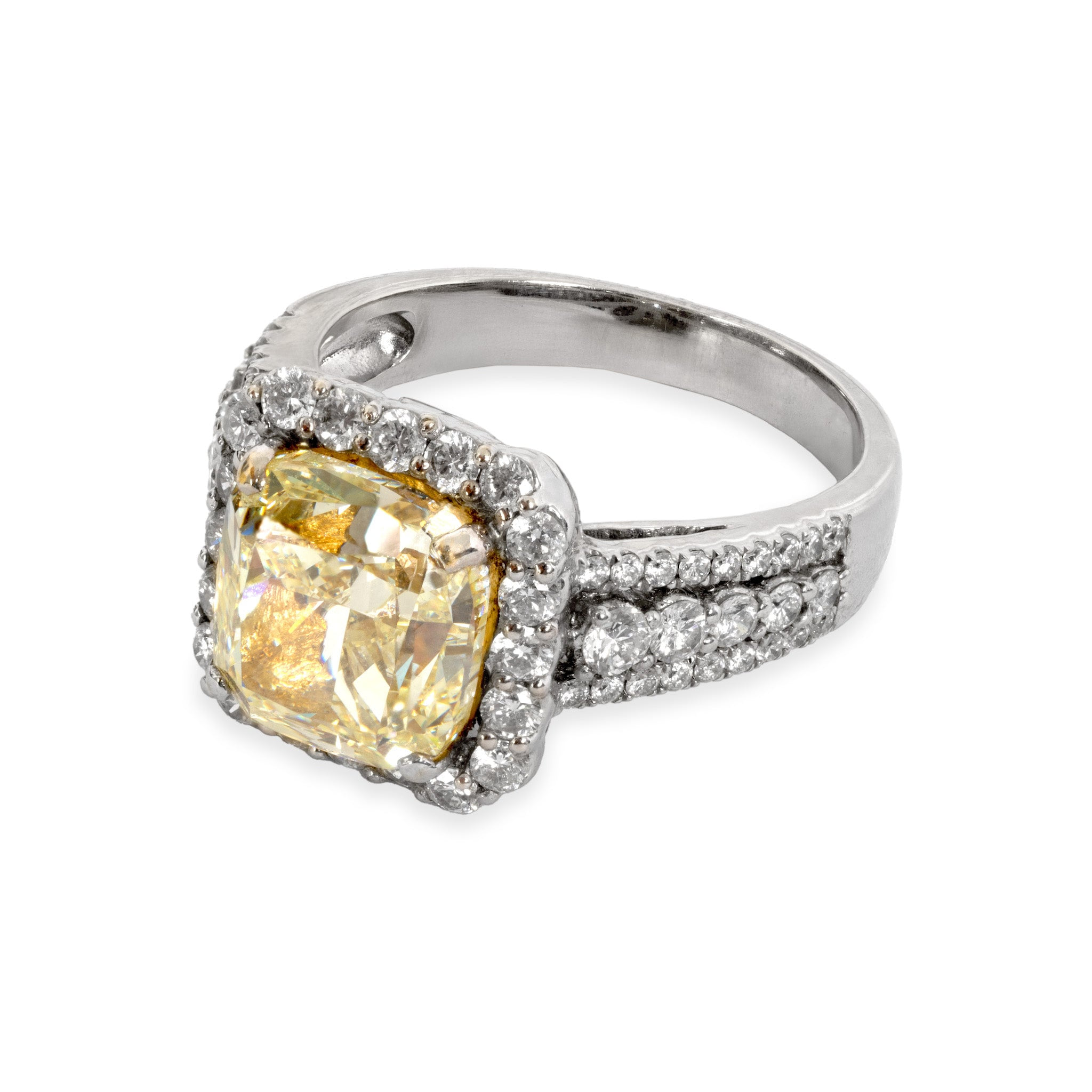 Fancy Yellow Cushion Cut Diamond Ring in 18k White Gold, front view
