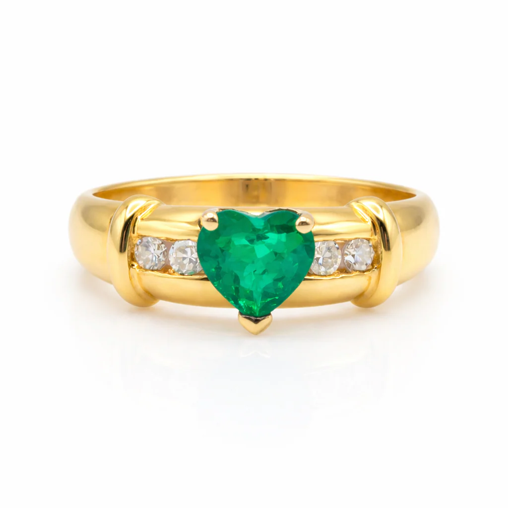 Heart-Shaped Emerald & Diamond Ring in 18k Yellow Gold, front view