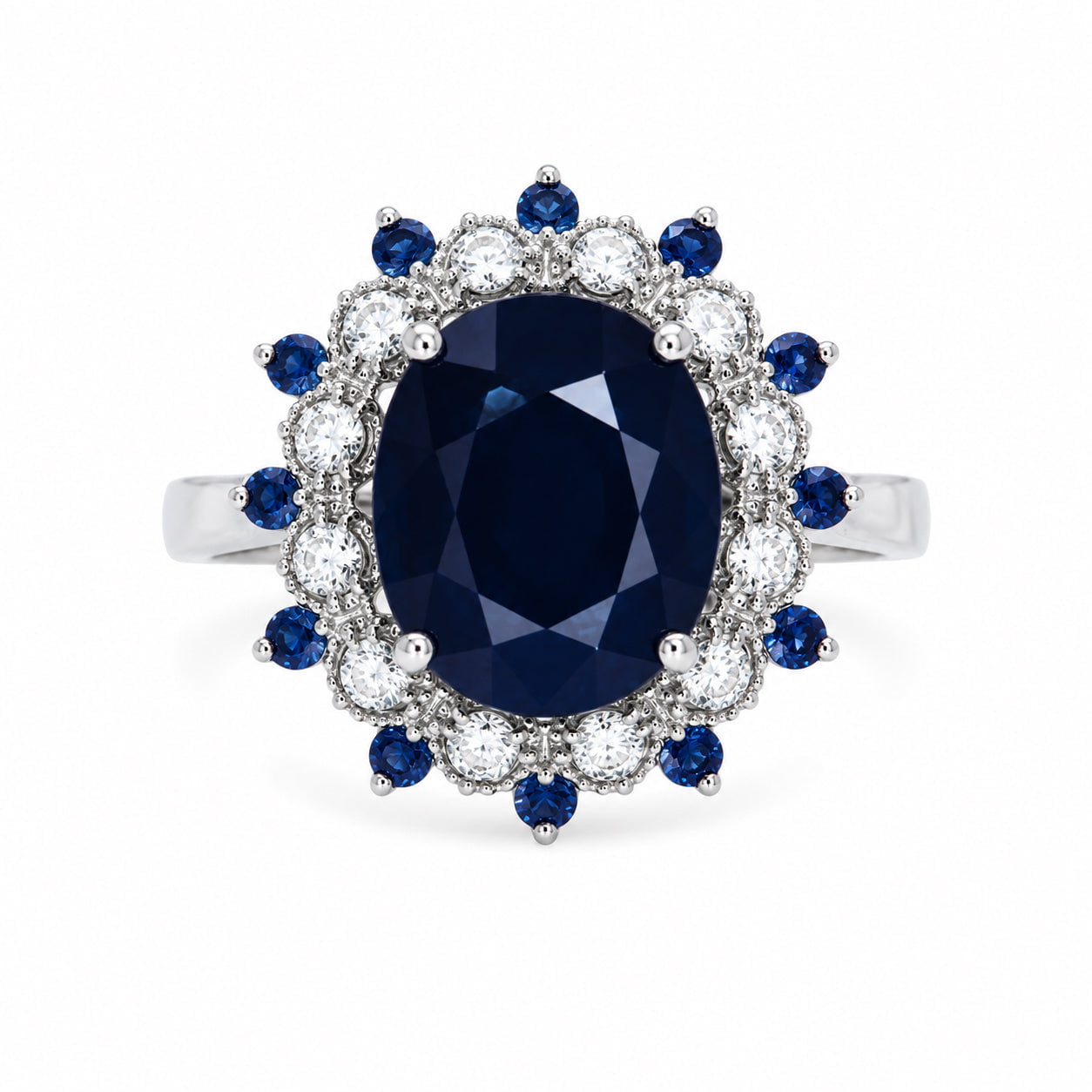 Origins Blue Sapphire and Diamond Halo Ring, front view