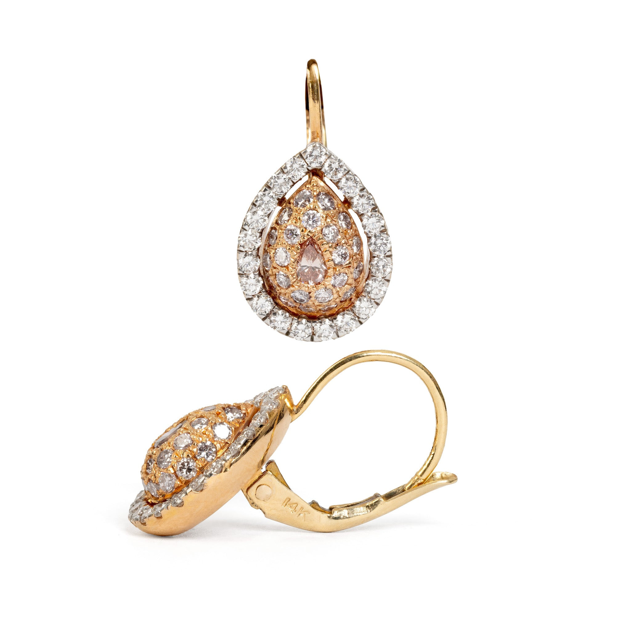 Fancy Pink Pear-Shape Diamond Earrings in Pink Gold, front view