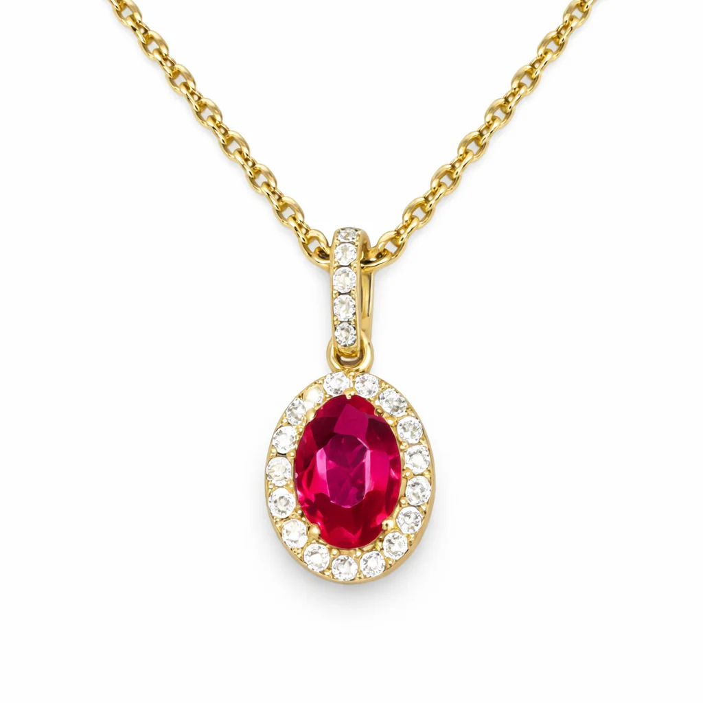 Origins Oval Ruby & Diamond Halo Pendant Necklace in 14K Yellow Gold, front view