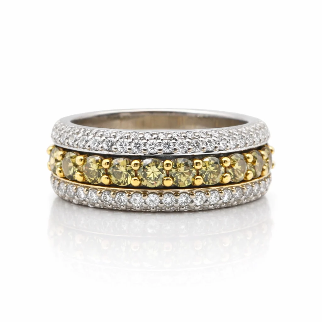 Fancy Green Diamond Pavé Band Ring in 18k White Gold, front view