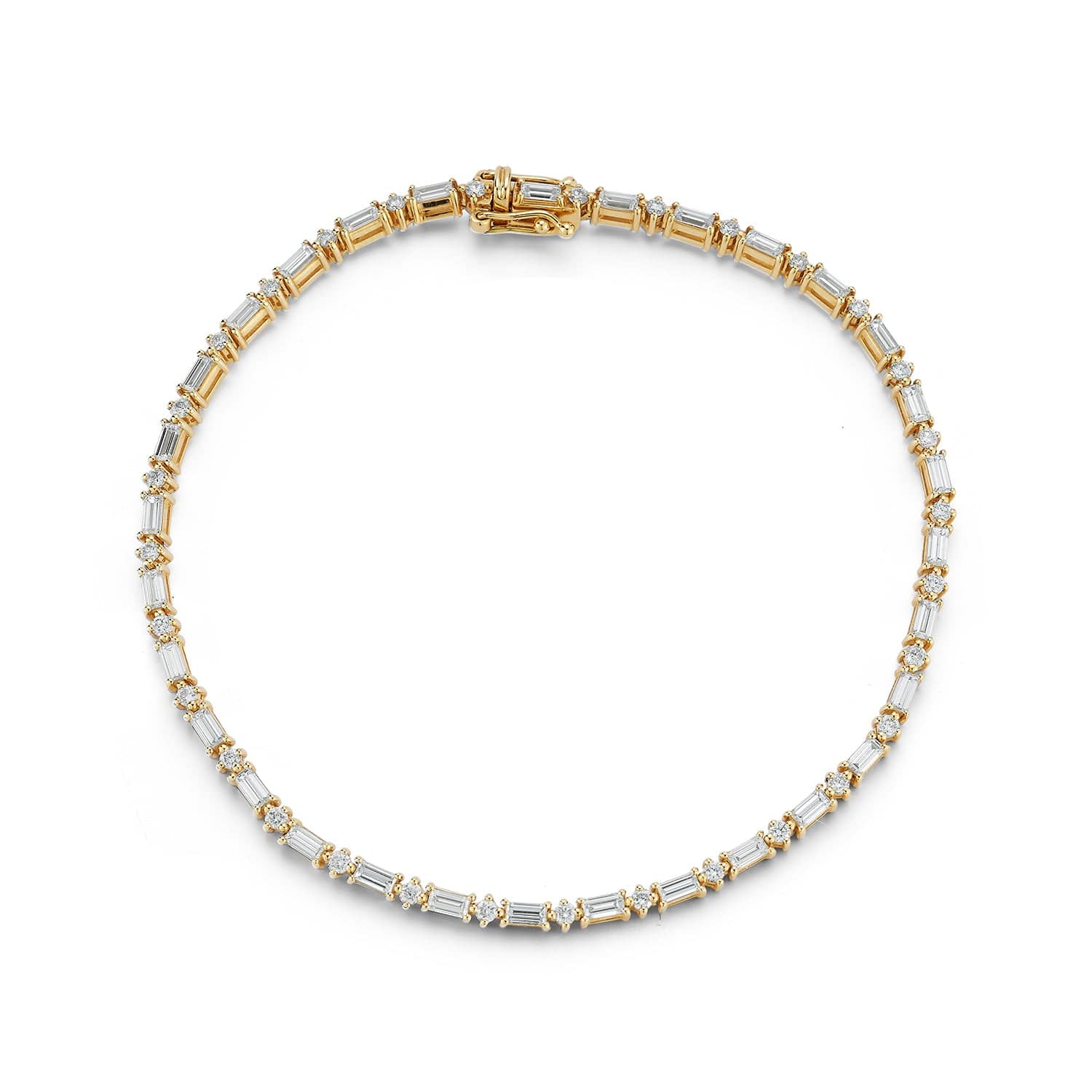Round and Baguette Tennis Bracelet in 14k Yellow Gold, front view
