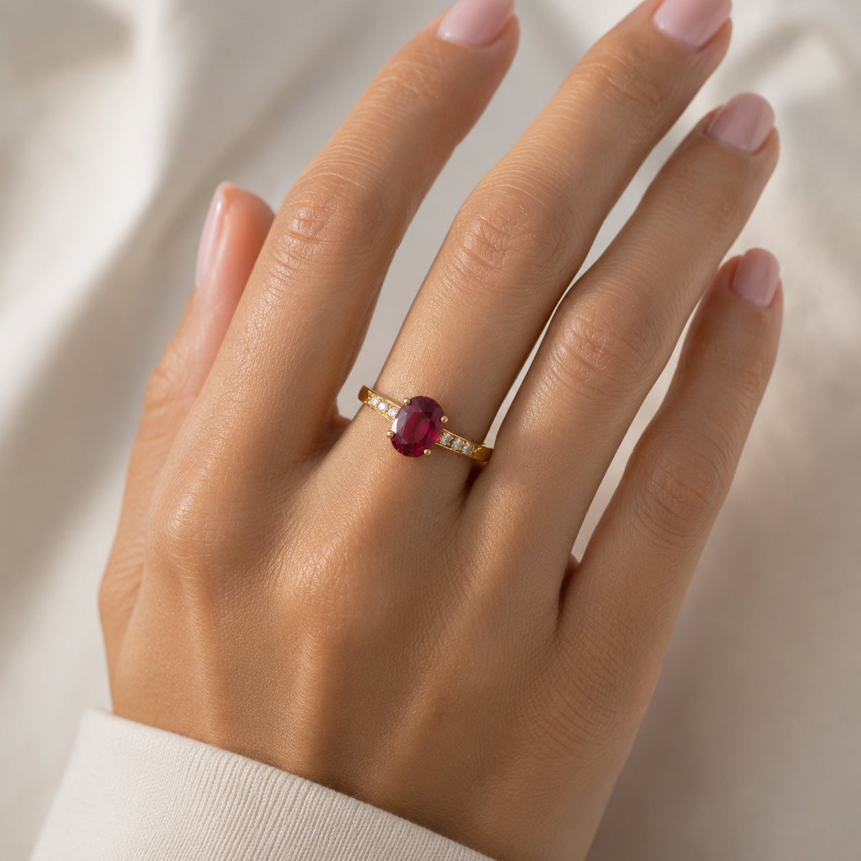 Ruby & Diamond Ring in 18k Yellow Gold, shown on the wearer