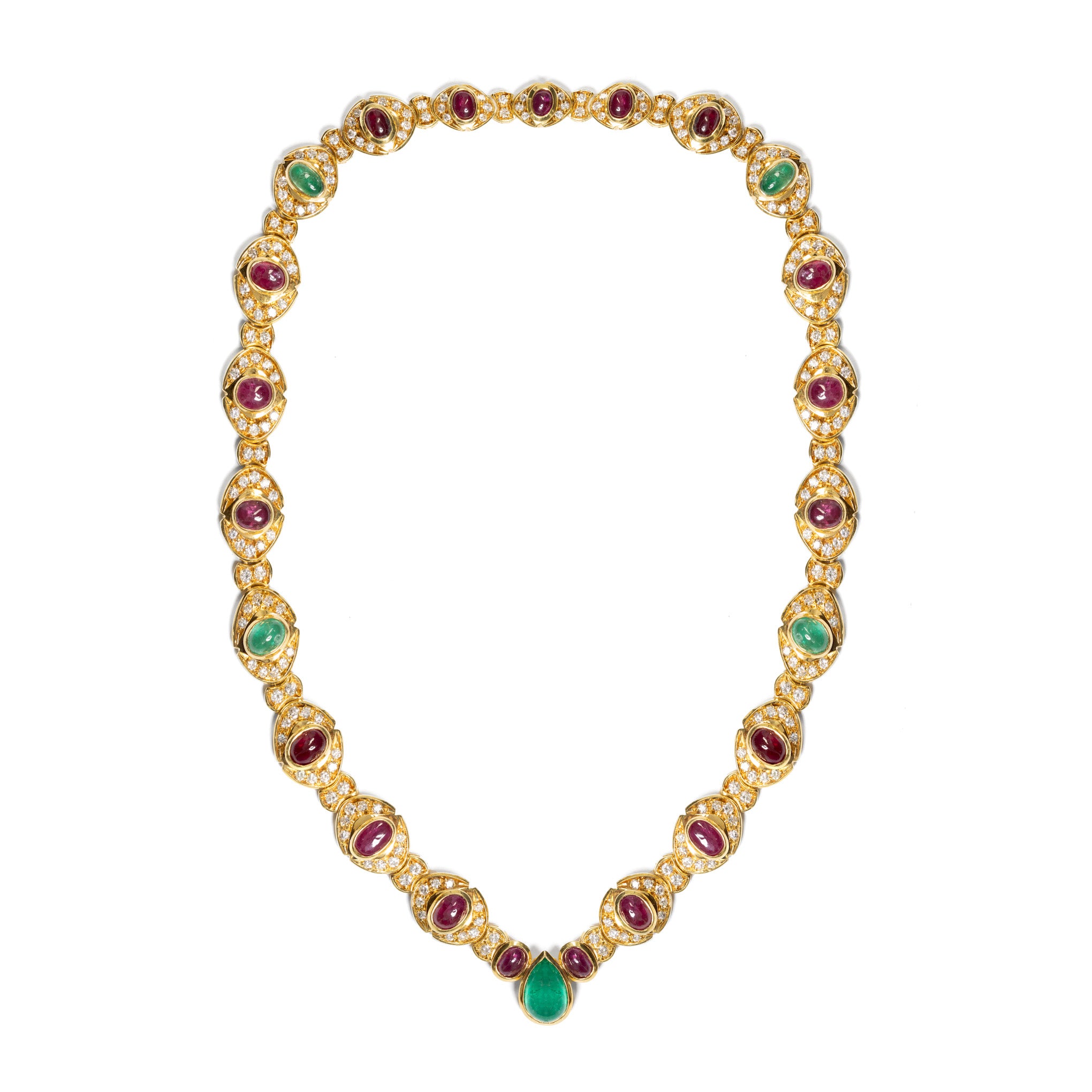 Ruby & Emerald Cabochon Necklace in 18k Yellow Gold, front view