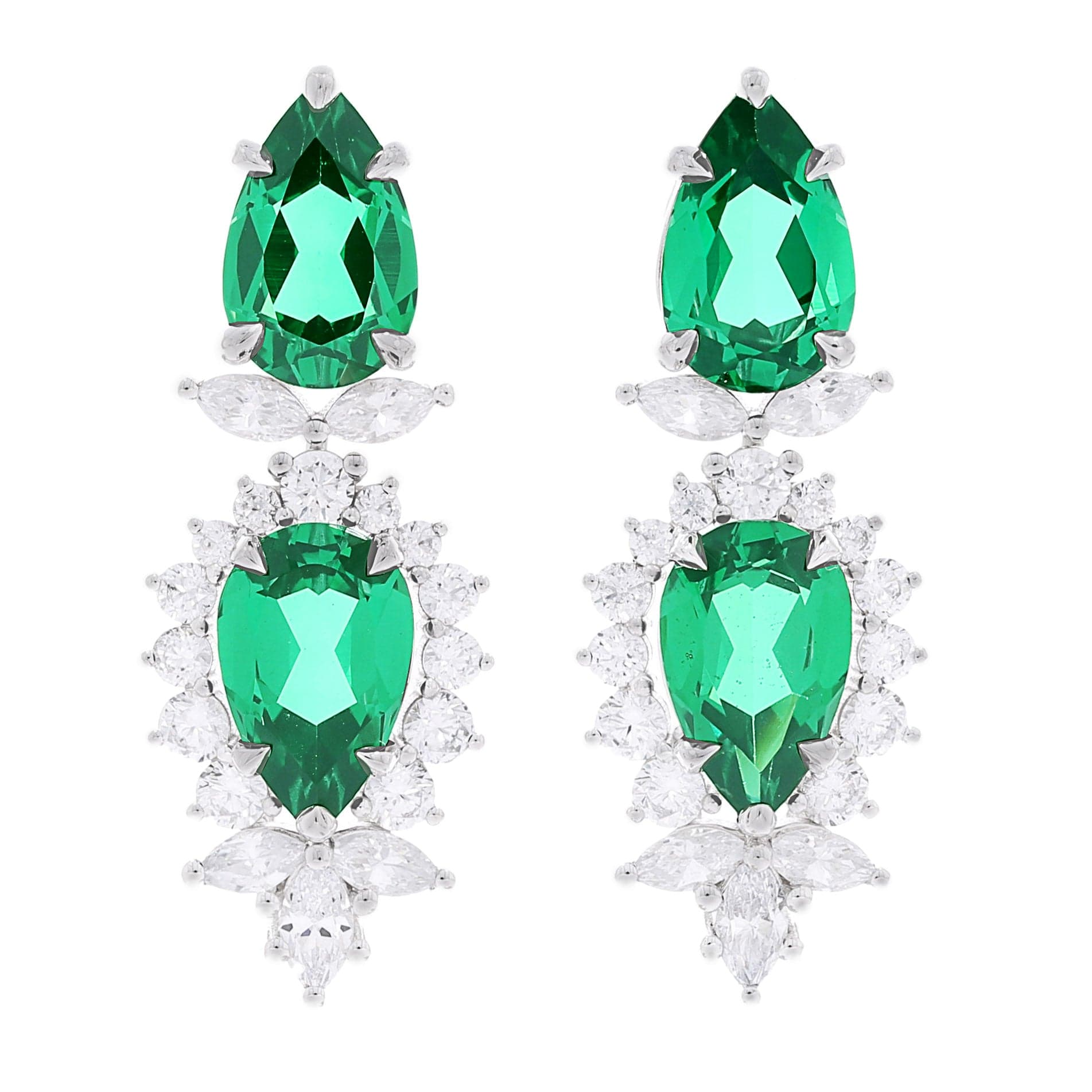 Emerald & Diamond Pendant Earrings with Pear, Marquise & Round Stones, front view