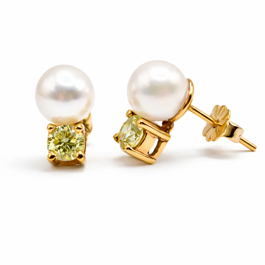 Pearl & Yellow Diamond Stud Earrings, front view