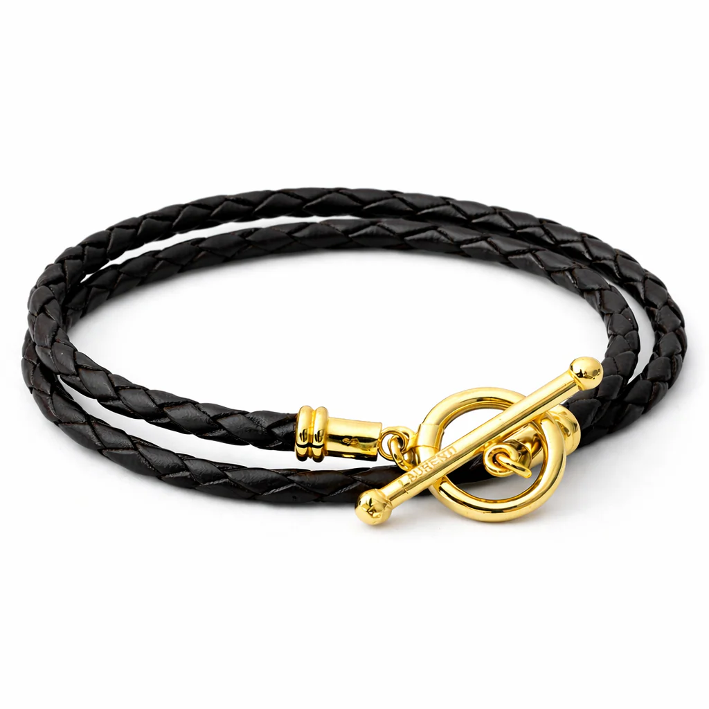 Braided Leather Wrap Bracelet in 14k Gold, front view
