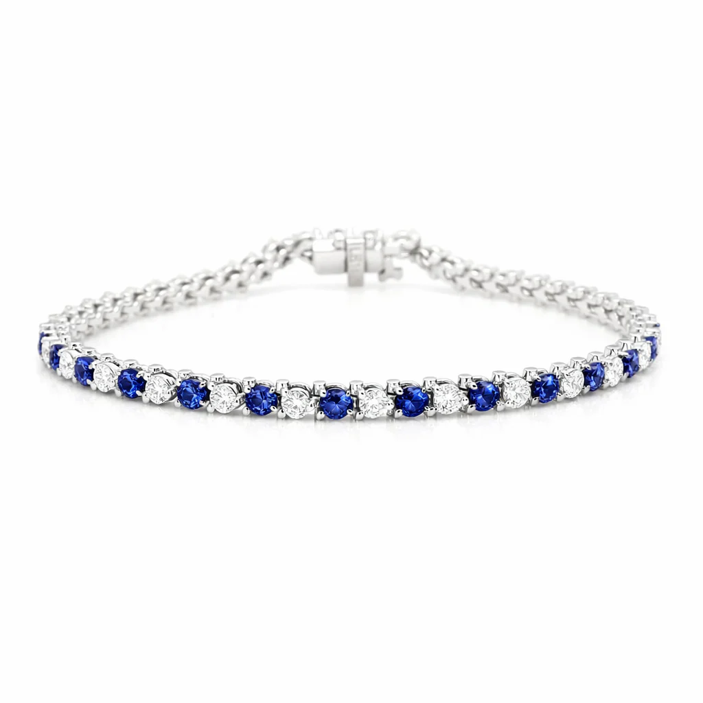 Three-Prong Natural Sapphire and Diamond Tennis Bracelet in 14K White Gold, front view